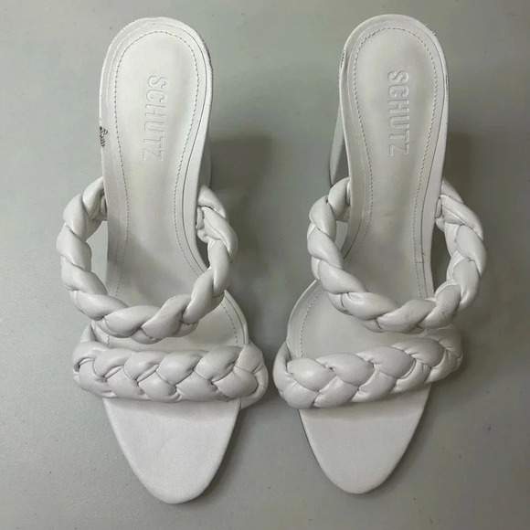 SCHUTZ Braided Leather Chunky Zardha High Block Heel Sandal Size 8.5 B White - Picture 7 of 7